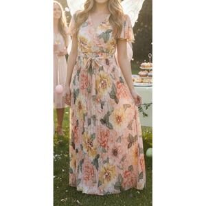 KATE and LILY Floral Maxi Dress Flutter Sleeve Wrap Pleated 8 Easter Fairy Boho